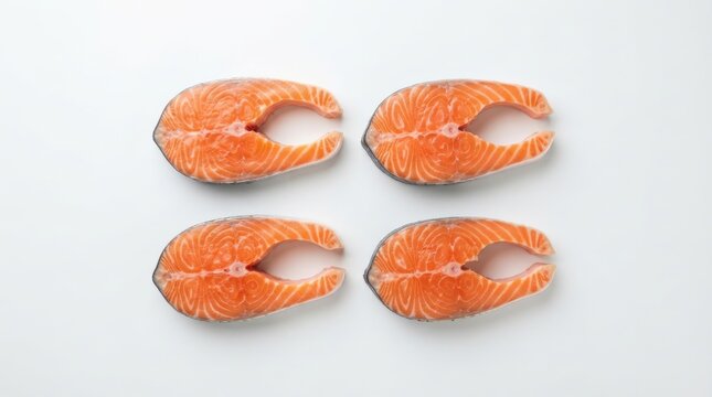 Four raw salmon steaks arranged in a grid pattern top view