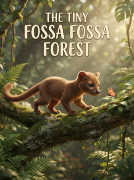 Little fossa kitten walking on mossy forest branch exploring nature for children book cover and wildlife educational projects.