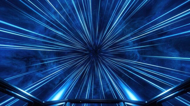 Hyperspace travel through a blue vortex with glowing light streaks from a cockpit