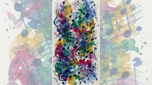 Watercolor painting with musical notes and colorful splashes