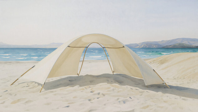 A minimalist beige fabric beach tent structure standing on white sand near the blue ocean with distant hills under a pale sky on a sunny day