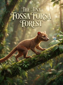 Little fossa kitten walking on mossy forest branch exploring nature for children book cover and wildlife educational projects.
