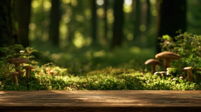 A wooden table surface sits in the foreground with a blurred view of mushrooms growing on a green forest floor in the background.