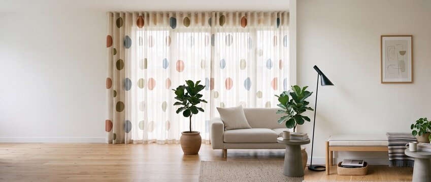 Sheer polka dot curtains in a contemporary living room with modern sofa and airy natural light for home decor, window treatment and interior textile design concept