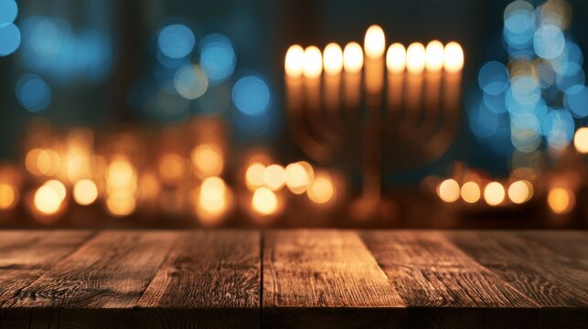 Wooden table surface in foreground with blurred glowing Hanukkah menorah in background surrounded by blue and gold bokeh lights during holiday