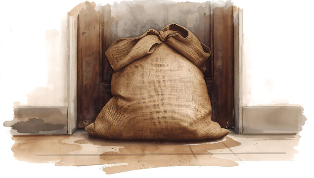 A watercolor of a burlap sack filled with sand placed against a wooden door to prevent flooding or water leakage into the interior