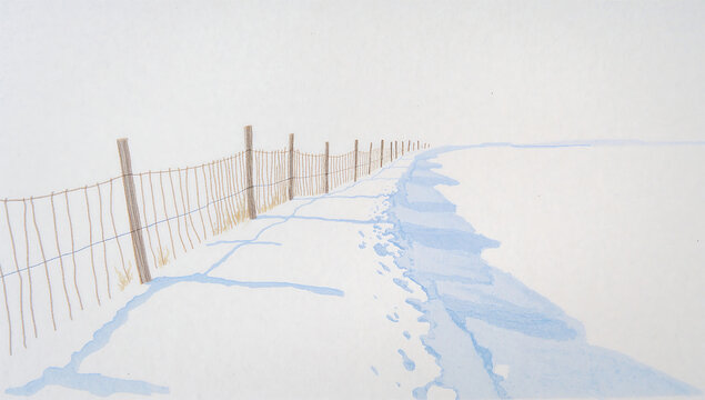 A watercolor painting of a wire mesh fence line disappearing into the distance across a flat, snow-covered field with long blue winter shadows