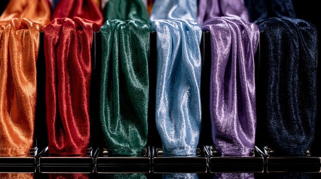 Rich velvet fabrics in bold colors gleam under spotlight. Rounded folds catch light, enhancing texture and depth. Each hue transitions smoothly from warm to cool tones. Ideal for fashion, design