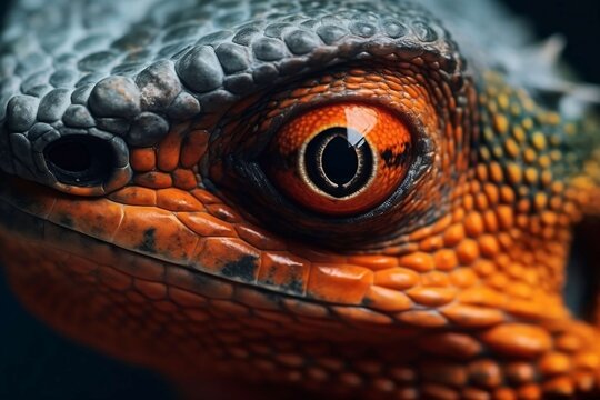 Macro reptile eye closeup photography, detailed lizard scales and vibrant orange skin, exotic wildlife creature portrait