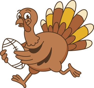 Cartoon turkey running with a football on a white background perfect for thanksgiving celebrations and sports themes
