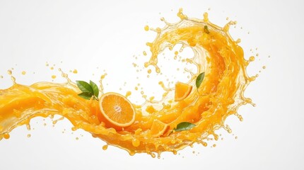 Naklejka premium Fresh orange juice wave with sliced fruits and green leaves