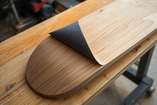 A wooden skateboard deck with a black grip tape sheet being applied to the surface, resting on a rustic wooden workbench in a workshop setting