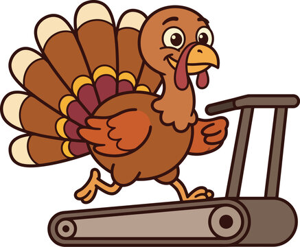 A cheerful cartoon turkey is running on a treadmill to stay fit for a healthy thanksgiving holiday lifestyle