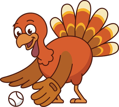 A happy cartoon turkey is shown playfully kicking a baseball with a delighted expression on a simple white backdrop