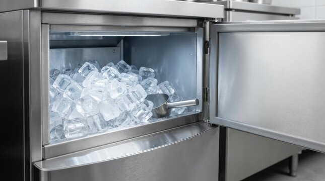 Commercial ice maker machine with open door full of ice cubes
