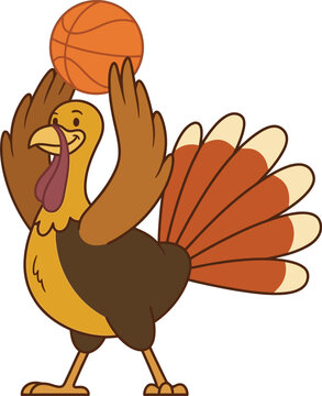 A cheerful cartoon turkey demonstrates amazing balance skillfully holding a bright orange basketball on the tip of its beak