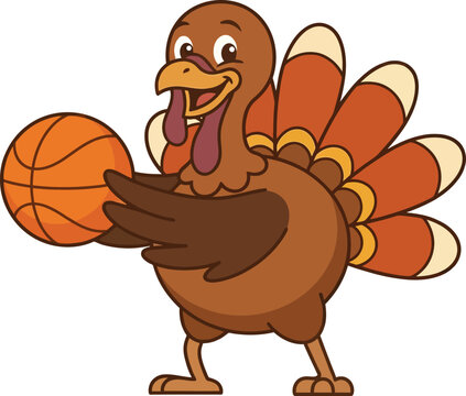 A happy cartoon turkey character skillfully dribbles a basketball with a big smile on a plain white backdrop