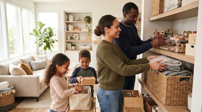 Family organizing and decluttering their home at the beginning of the year, creating a practical and relatable lifestyle advertising scene.