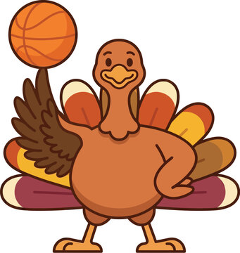 A happy cartoon turkey character is skillfully balancing a bright orange basketball on the top of its head