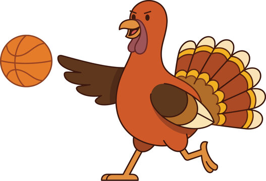 A cheerful cartoon turkey is happily running and dribbling a basketball for a fun thanksgiving sports themed illustration