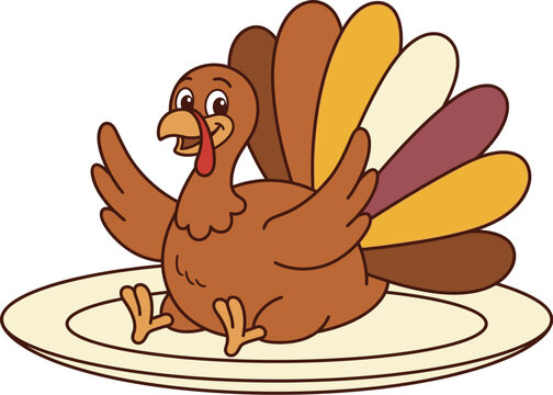 Cartoon turkey displayed on a plate with colorful feathers perfect for thanksgiving or holiday celebrations