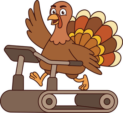 A determined cartoon turkey is working out on a treadmill getting ready for the upcoming thanksgiving celebration