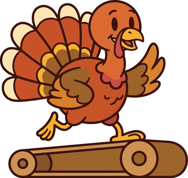 Vintage wooden toy turkey on wheels with colorful feathers isolated on a clean white background
