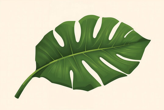 Single green monstera deliciosa leaf with deep lobes and natural holes, isolated on a light beige background, flat style