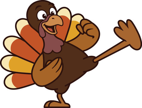 Cartoon turkey playfully kicking its leg in the air with a cheerful expression and vibrant feathers