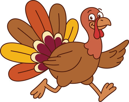 A cheerfully running cartoon turkey with bright and colorful feathers is shown against a simple white background illustration