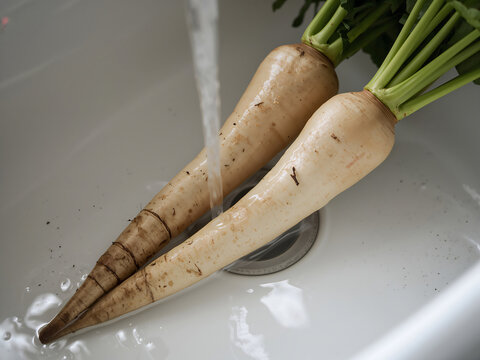Two fresh white parsnips with green leafy tops being washed under a stream of running water in a white kitchen sink basin for cleaning