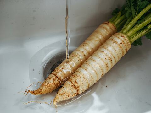 Two long white parsnips with green tops being cleaned under a steady stream of water inside a white kitchen sink, showing wet root vegetables
