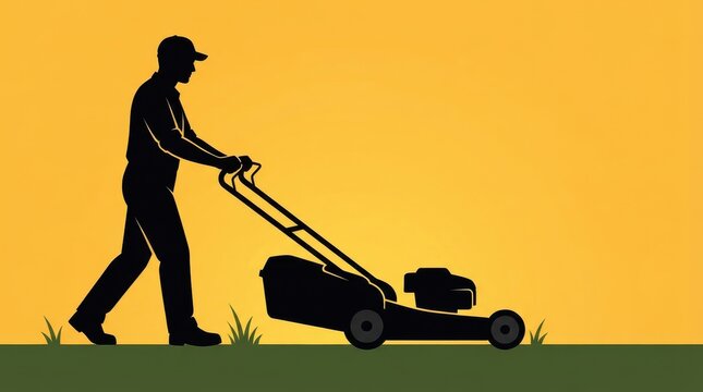 Man mowing lawn silhouette illustration