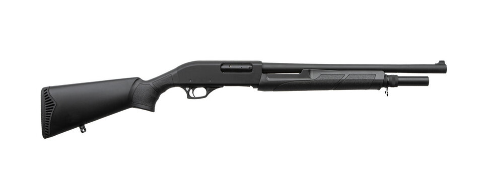 Black tactical pump action shotgun isolated