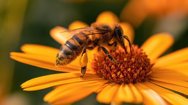 Close-up shows a bee gathering pollen from the center of an orange flower in a garden. The scene focuses on natures pollination process.