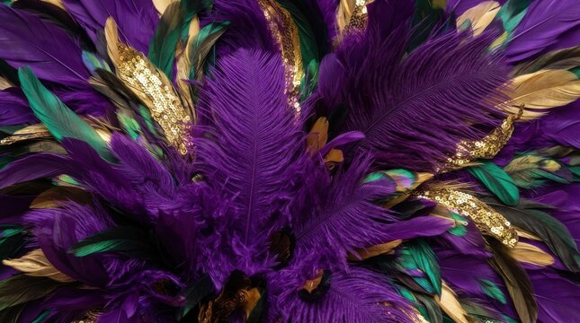 Vibrant purple, green, and gold feathers carnival headdress texture