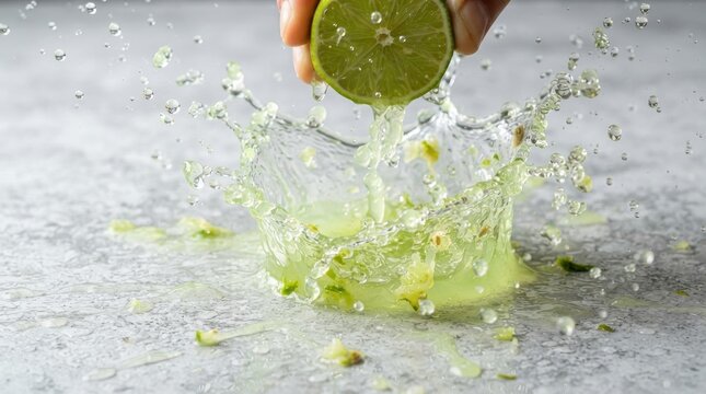 Fresh lime juice splashing into a pool with water droplets on a textured surface