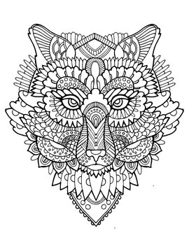 Intricate black and white wolf face tattoo art design