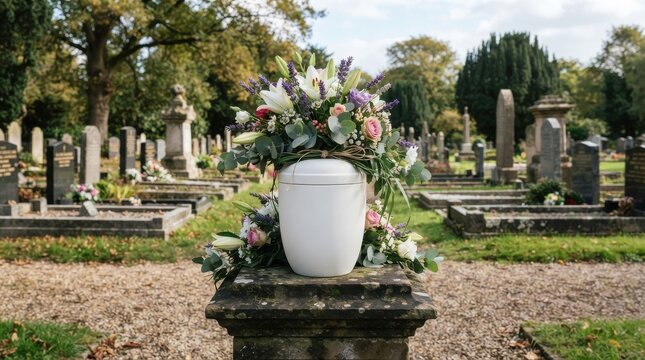 White funeral urn with floral arrangement in a cemetery