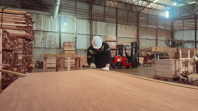 Worker measures wood in a lumber warehouse located in an industrial area