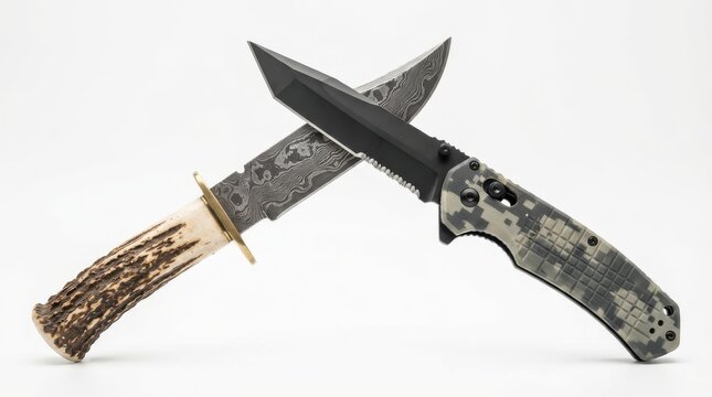 Tactical folding knife crossed with a fixed blade hunting knife with antler handle
