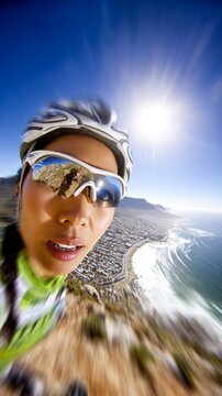 Sunlit coastal cliffs rise behind a cyclist. Bright sunglasses reflect the sky and sea. Smiling face captures motion and adventure. Vibrant green jersey blends with rugged terrain