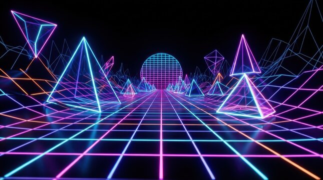 Retro futuristic neon grid landscape with glowing pyramids and sun