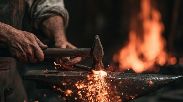 Blacksmith hands strike hot metal on anvil in dark forge. Sparks fly as the hammer connects. Fire light adds drama to the scene.