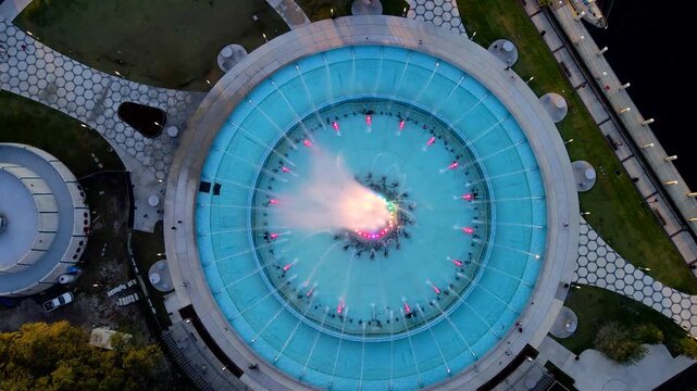 Drone hovers over Friendship Fountain while showing the concentric paths and fountain basin in Jacksonville.
