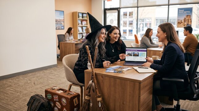 Two witches plan a Halloween vacation with a travel agent, browsing destinations in a modern office with copy space