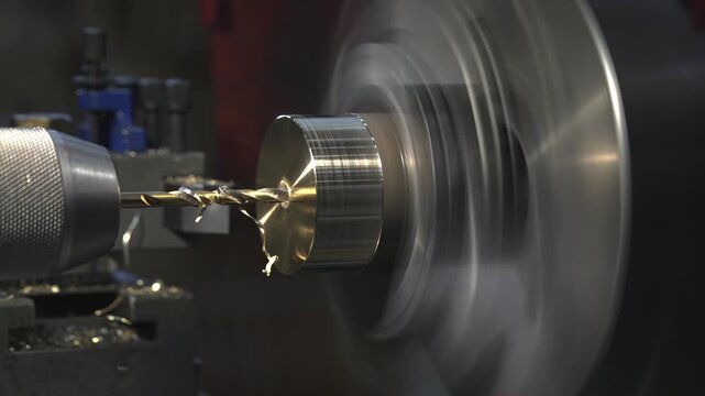the process of manufacturing a metal part from a brass blank on a CNC lathe using drills and cutting tools