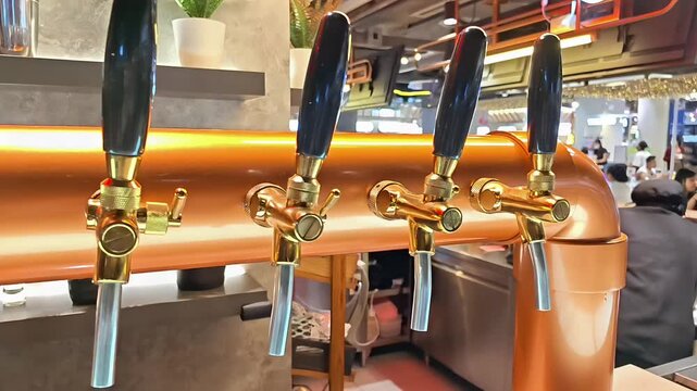 Copper beer tap dispenser for draft beer, Pub Bar Brewery Equipment, Alcoholic Drink Service, Faucet Handle, Oktoberfest Celebration, Slow Motion Panning Closeup Shot