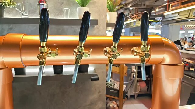 Copper beer tap dispenser for draft beer, Pub Bar Brewery Equipment, Alcoholic Drink Service, Faucet Handle, Oktoberfest Celebration, Slow Motion