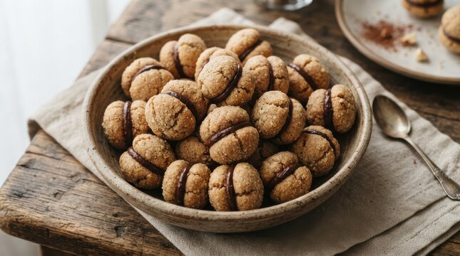Baci di dama cookies filled with chocolate in a rustic bowl on a wooden table